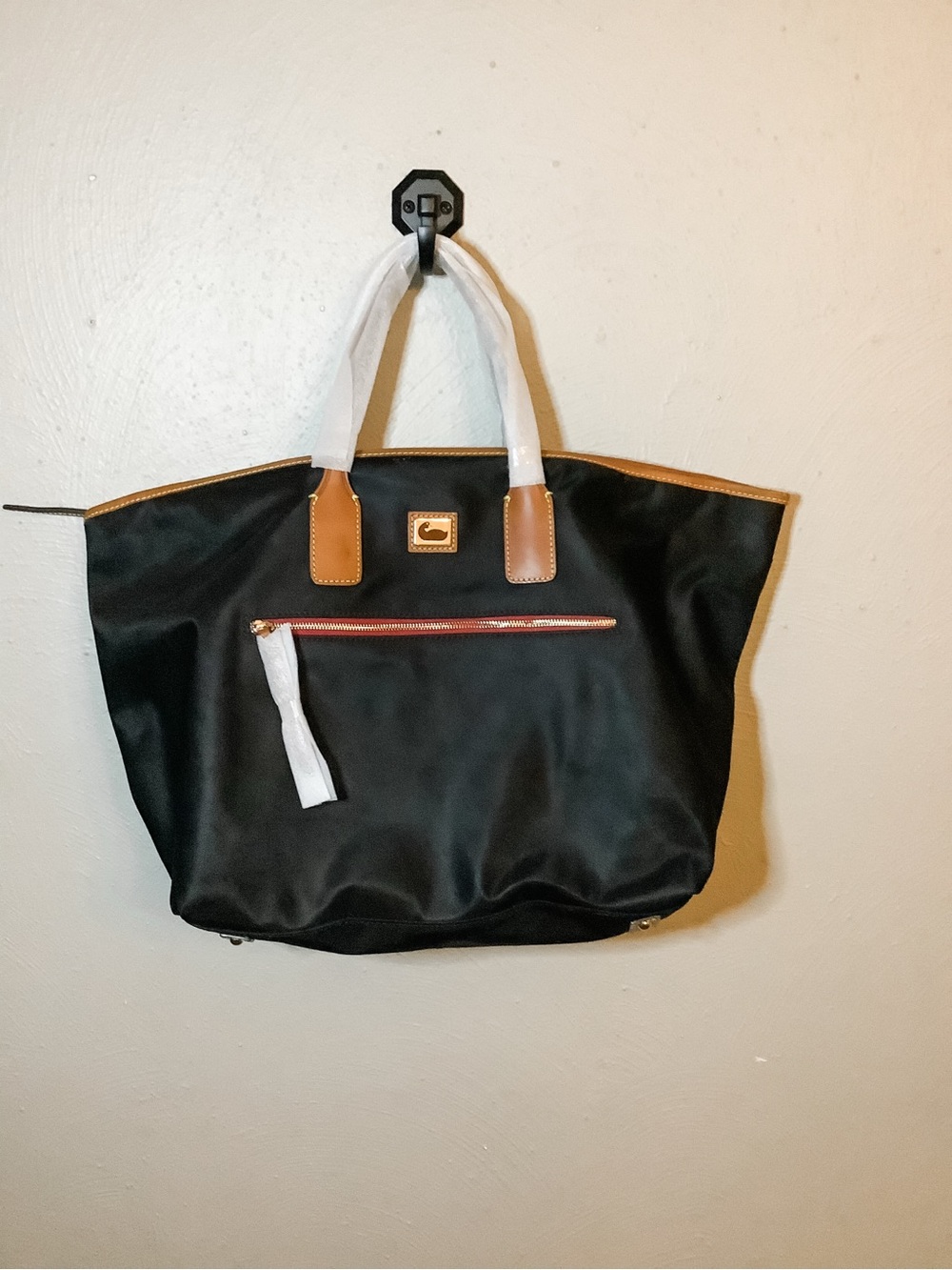 NWT Dooney & Bourke Black Nylon Wayfarer Tote Bag with Leather Trim
